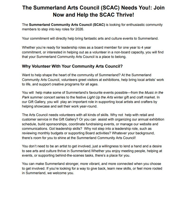Join the Summerland Community Arts Council Board of Directors